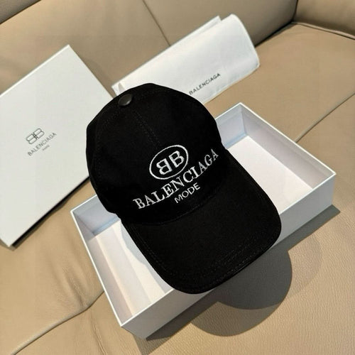 Black baseball cap with embroidered oval logo and curved brim