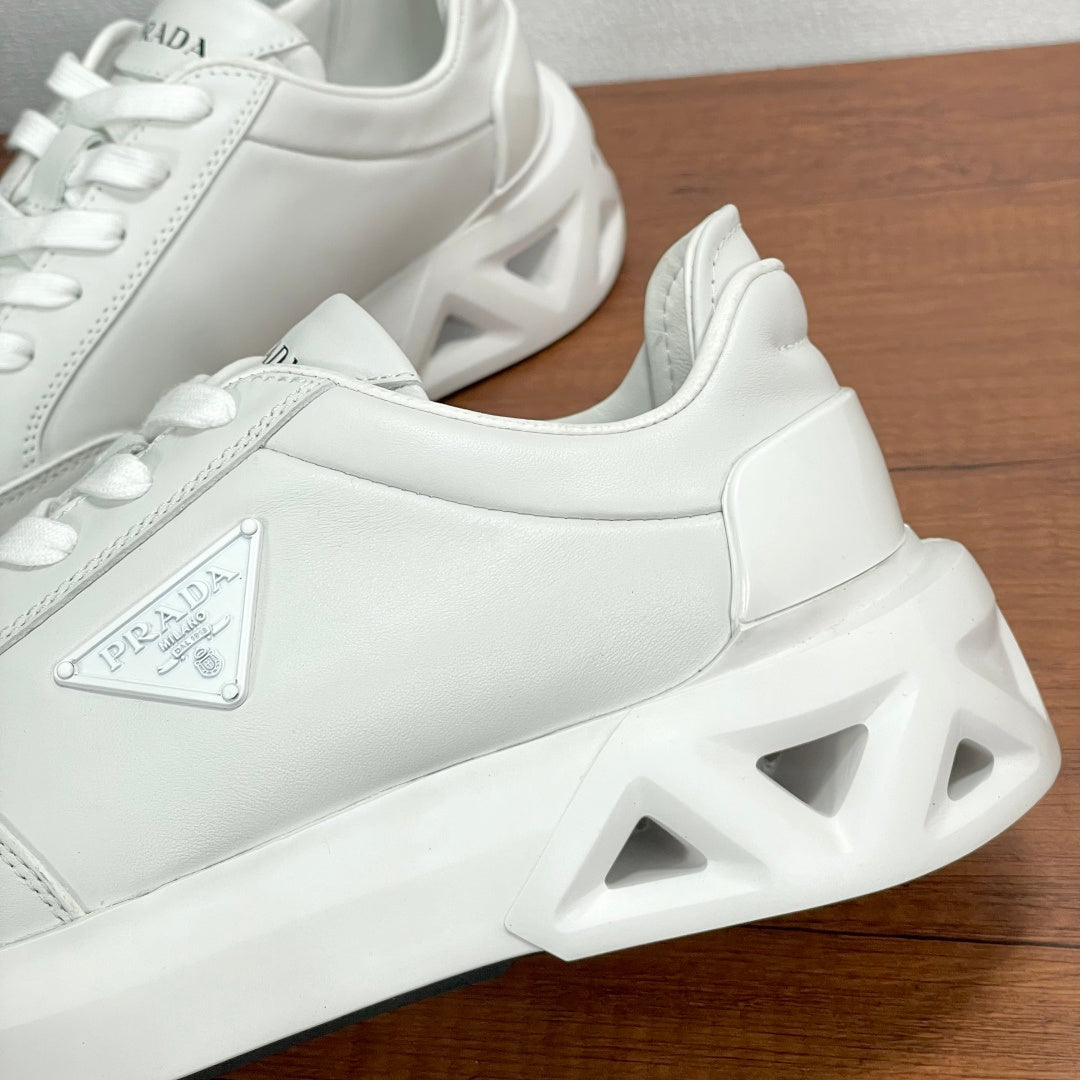 Prada unisex sneakers, white leather with molded side panel and triangular logo patch