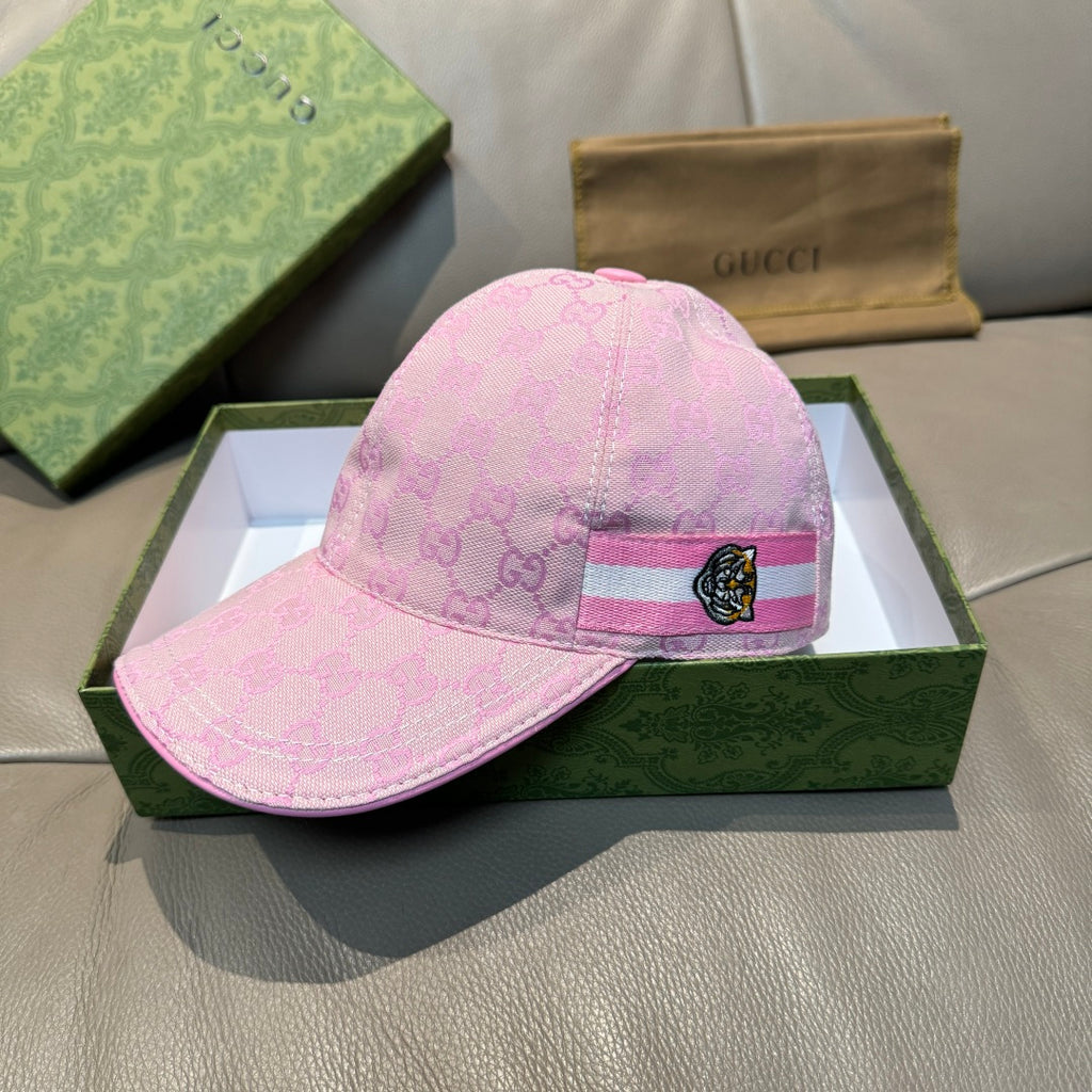 Pink GG-logo baseball cap with striped band and tiger head patch
