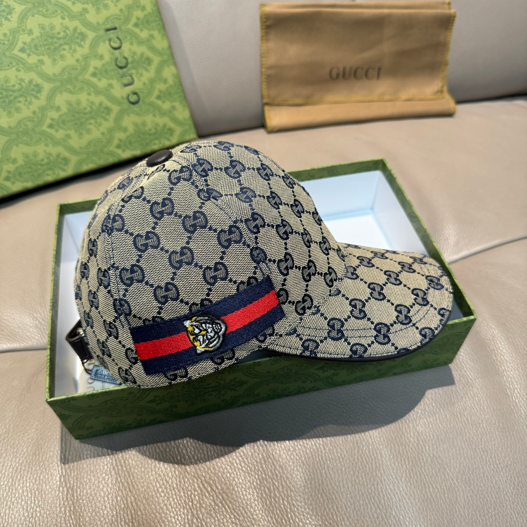 Blue Gucci GG baseball cap with adjustable back strap and red-blue stripe accent