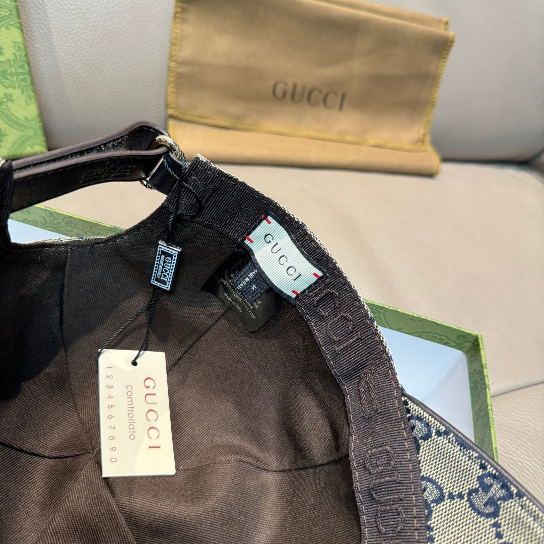 Gucci cap interior with black lining, adjustable strap, and size tag