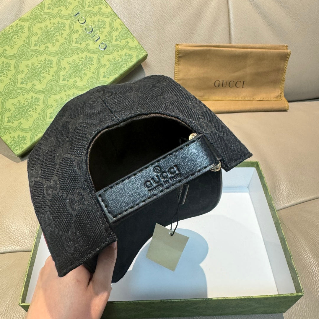 Gucci black cap interior with stitched strap labeled Gucci