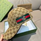 Gucci cap with beige GG canvas and front multicolor web stripe tiger logo patch