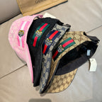 Gucci caps assortment with bee Web stripe details on black, pink, and tan