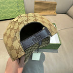 Gucci cap interior showing black lining and beige GG canvas under brim label