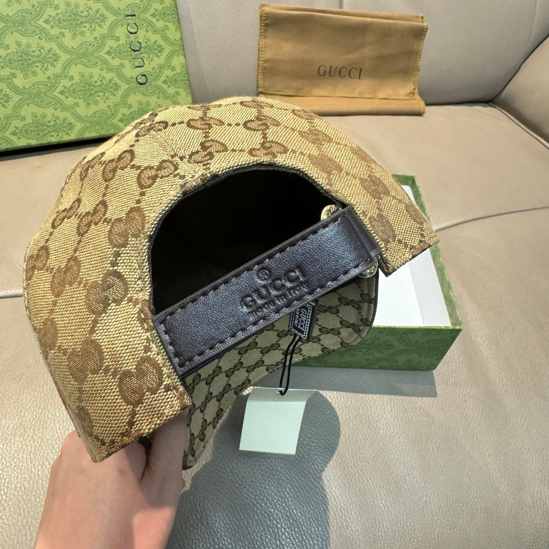 Gucci cap interior showing black lining and beige GG canvas under brim label