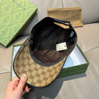 Gucci baseball cap interior view with black lining and beige GG canvas brim