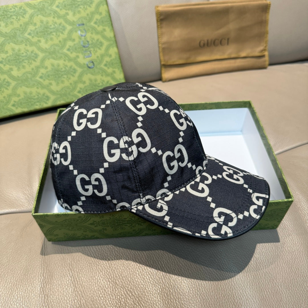 Gucci baseball cap side view in black with white GG monogram pattern and brim