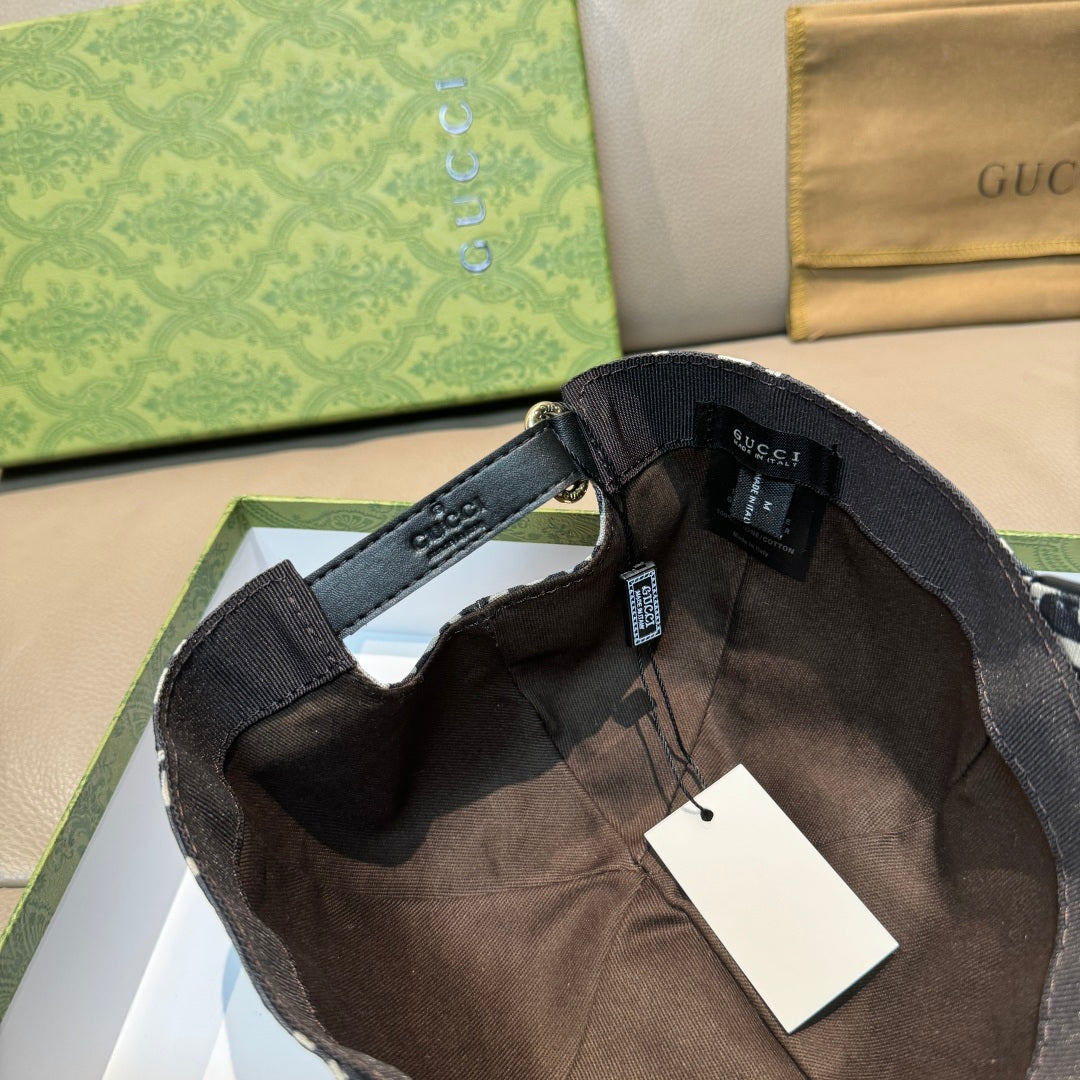 Gucci baseball cap interior close-up with brown lining and white hang tag