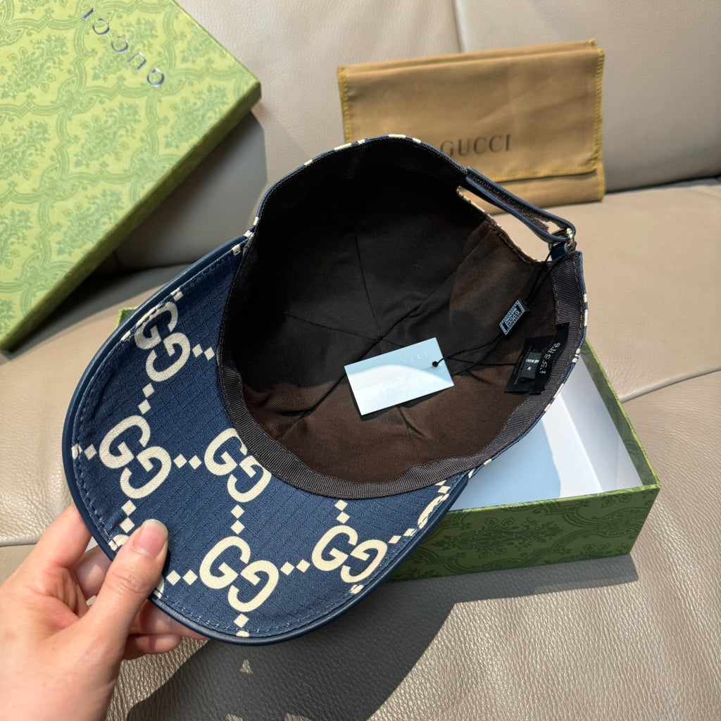 Navy denim baseball cap interior view with GG logo fabric on outer panel