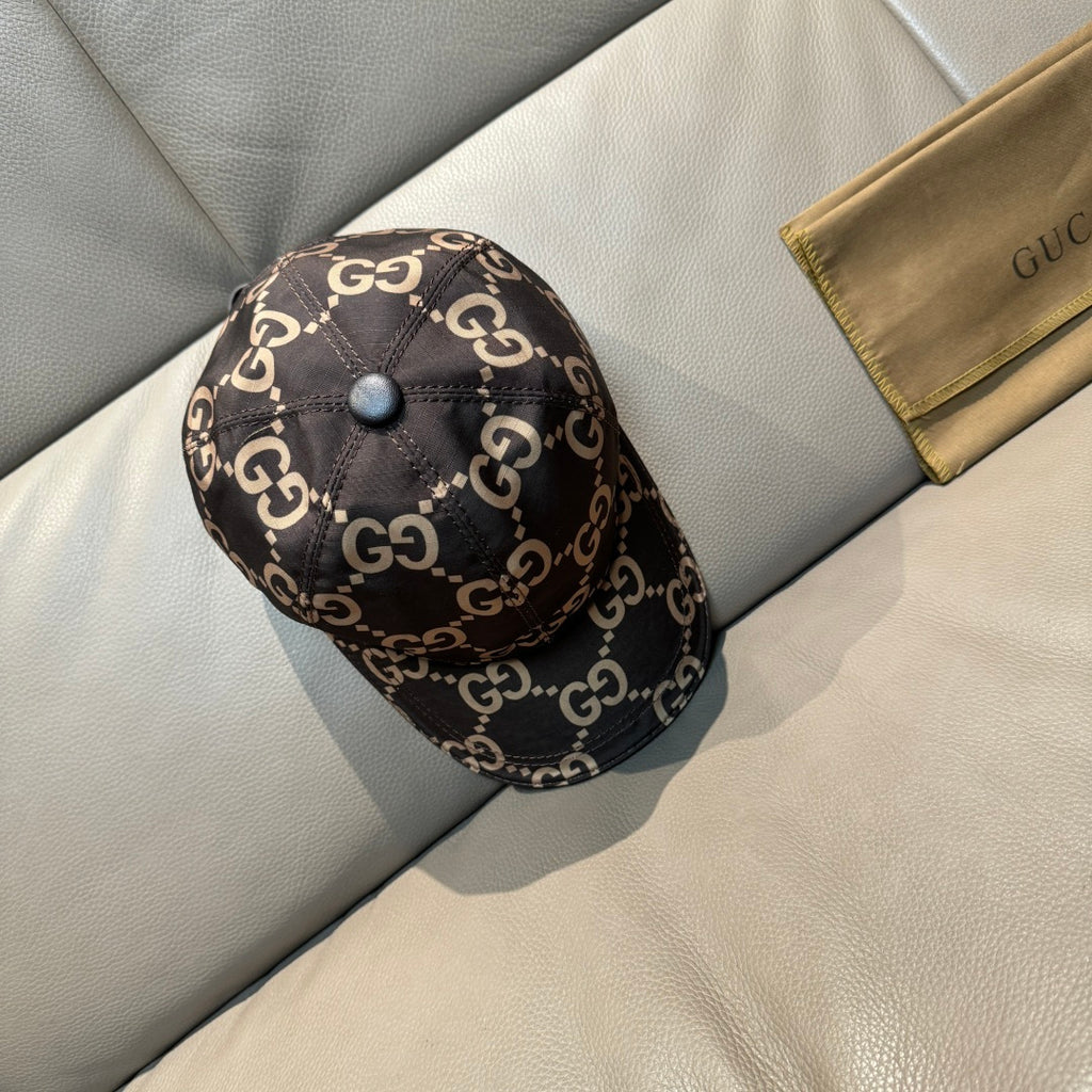 Gucci GG monogram baseball cap with dark brown fabric and tan G motif