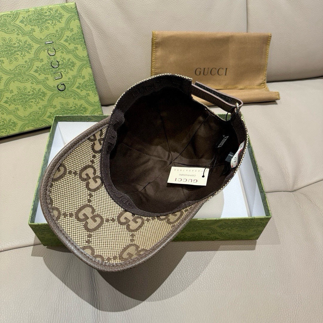 Gucci cap interior view with dark lining and beige GG monogram panels.