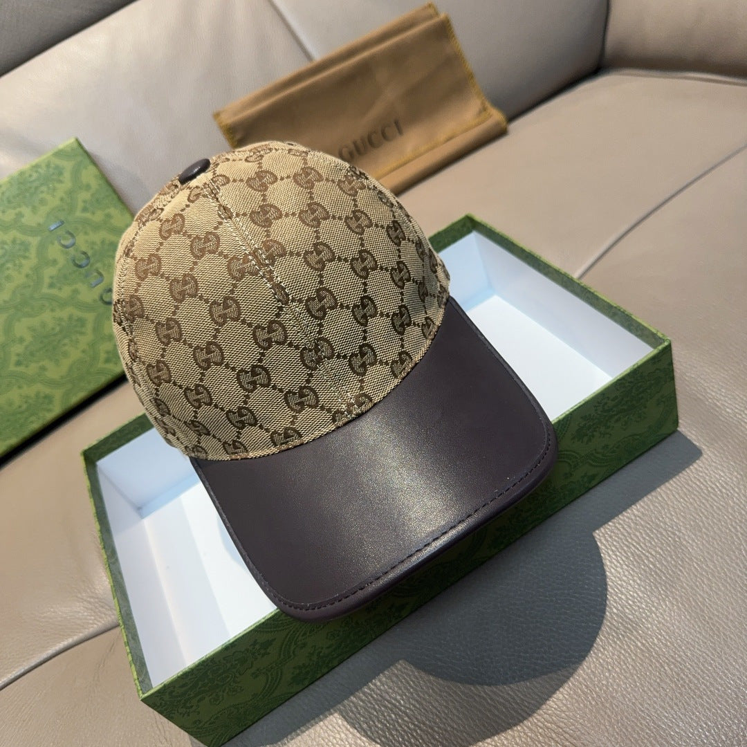 Beige monogram baseball cap with dark brim and side panels