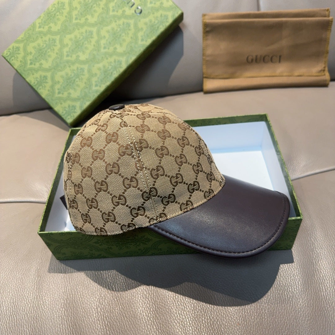Beige GG monogram baseball cap with dark brim, side view