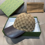 Beige GG monogram baseball cap with dark brim, front angle