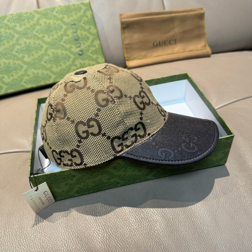 Gucci baseball cap with beige GG monogram crown and dark brim, side view