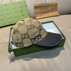Gucci baseball cap with beige GG monogram crown and dark brim, side view