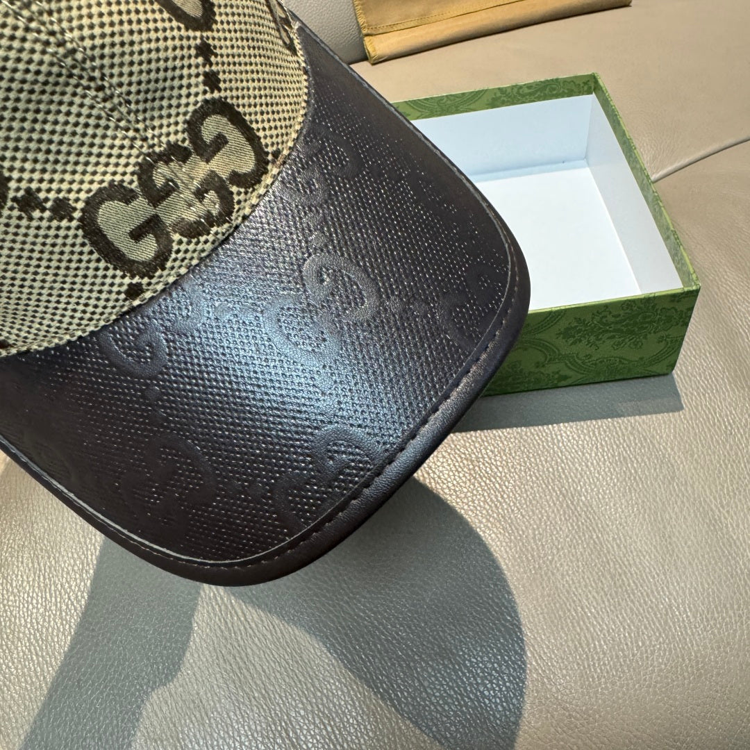 Gucci baseball cap dark textured leather brim with raised GG pattern
