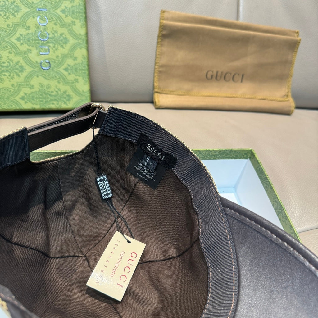 Gucci cap interior with adjustable strap and woven size label