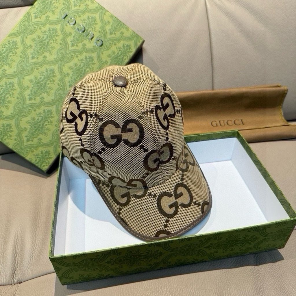 Gucci monogram baseball cap, beige with dark brown GG print and small metal button.