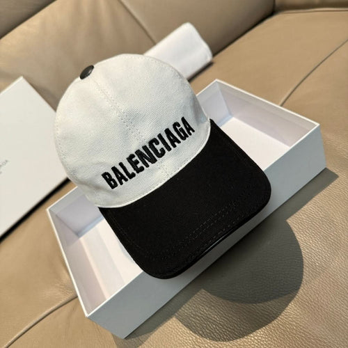Two-tone cap with BALENCIAGA logo, light gray crown and black brim.