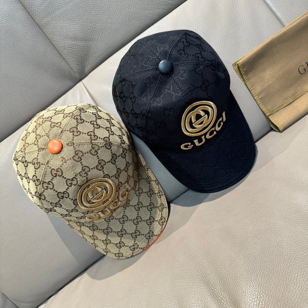 Pair of baseball caps: black GG cap and beige GG cap with orange button