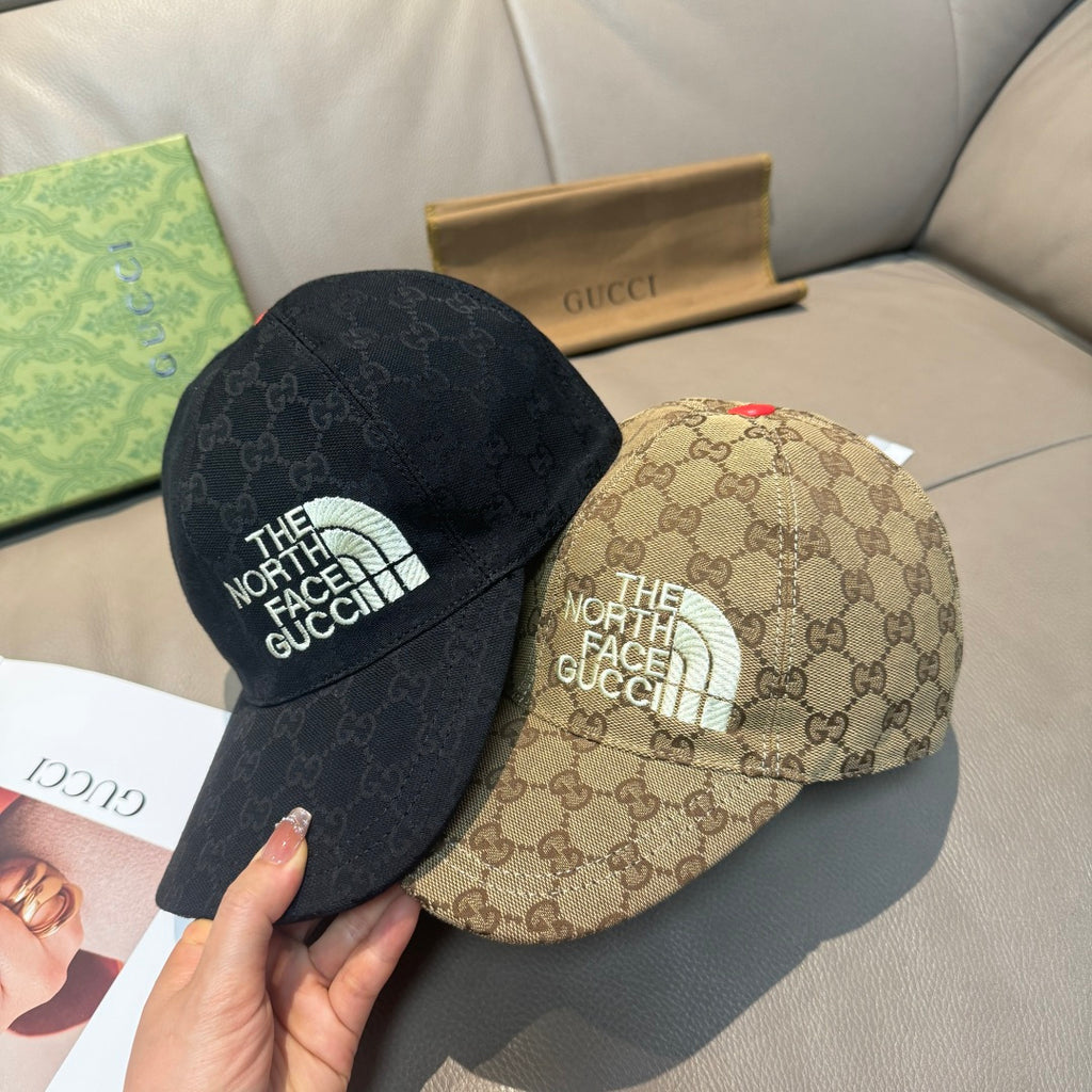 Two caps: black GG and tan GG with The North Face Gucci logo and red button