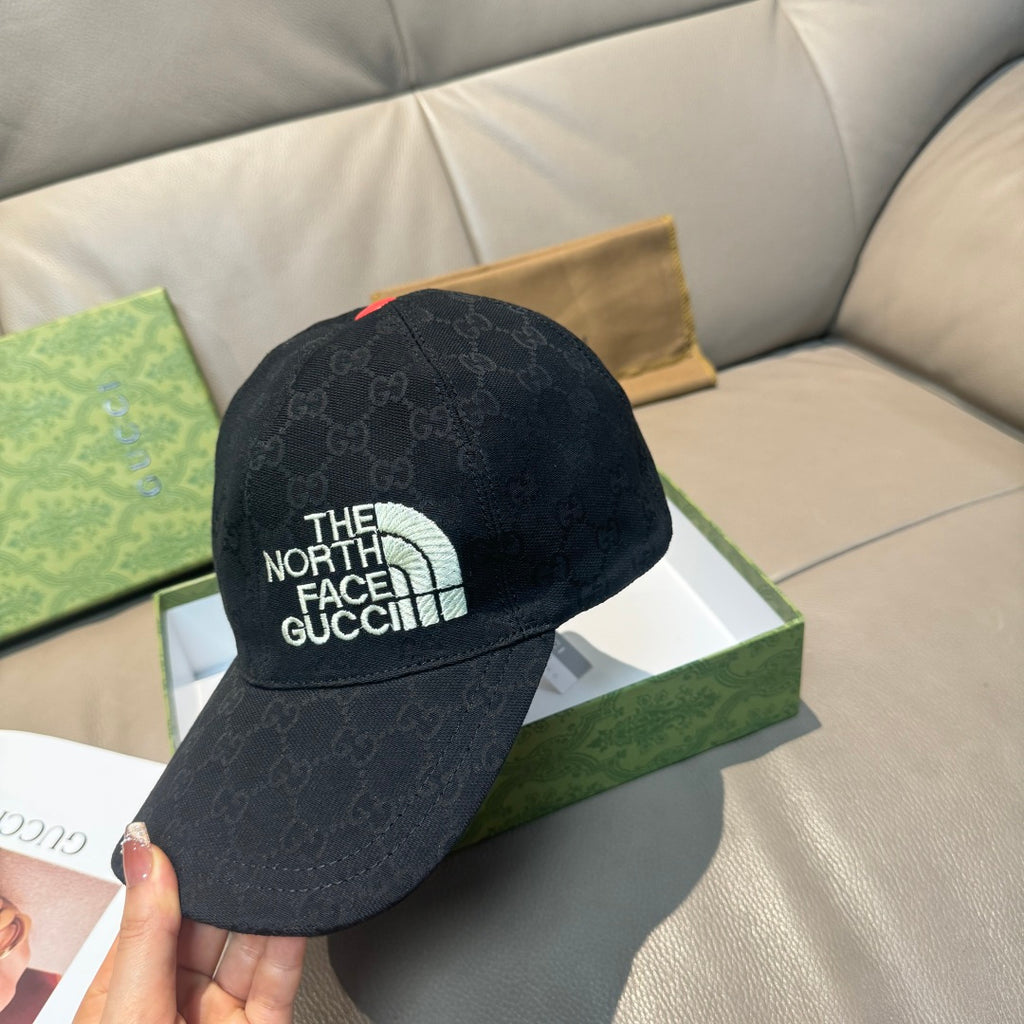 Black GG baseball cap with front The North Face Gucci patch and red top button