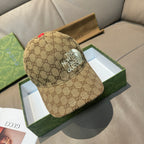 Beige GG monogram baseball cap with black “THE NORTH FACE” patch on side