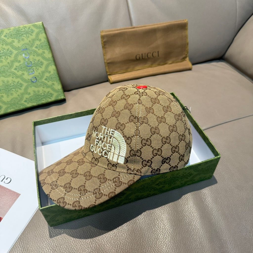 Beige GG monogram baseball cap with “THE NORTH FACE” patch on front