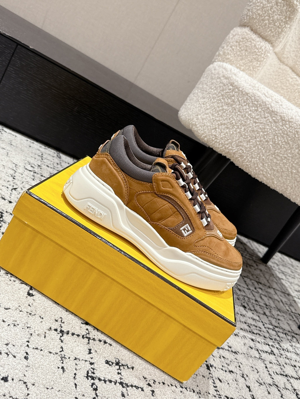 Fendi unisex low-top sneakers, tan suede upper with gray collar and white sole