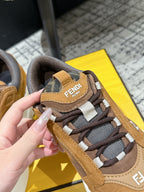 Fendi unisex sneaker lace and tongue close-up: tan trim, gray fabric, FENDI branding