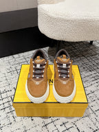 Fendi unisex lace-up sneakers in tan with white rubber sole and dark lace trim