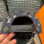 Louis Vuitton cap label, black interior patch and multicolor monogram print crown.