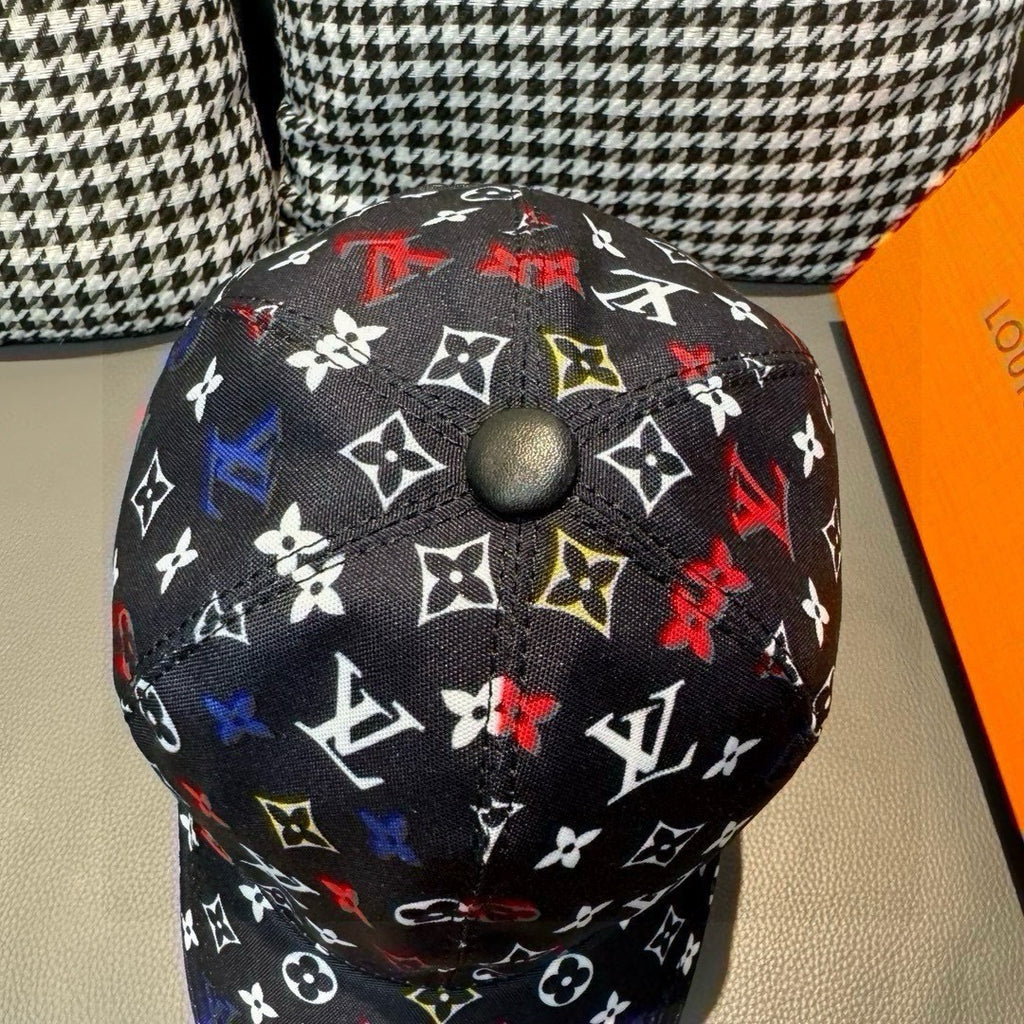 Louis Vuitton cap top, black monogram print with multicolor symbols and round knob.