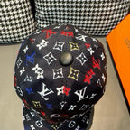 Louis Vuitton cap top, black monogram print with multicolor symbols and round knob.