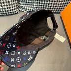 Louis Vuitton cap interior, black lining with multicolor monogram print on crown.