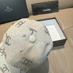 Light gray Chanel logo baseball cap, buttoned crown with embroidered pattern