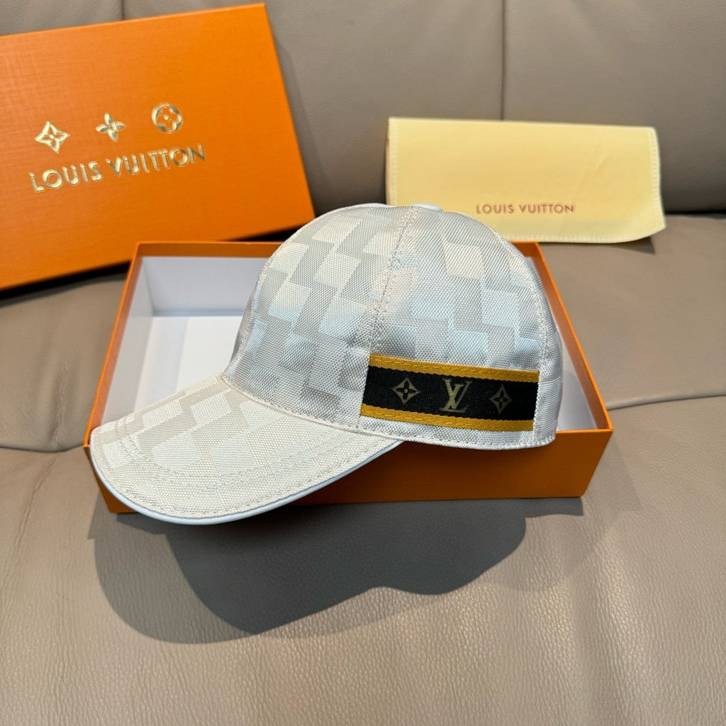 Louis Vuitton cap in light gray-blue checker pattern, adjustable black/gold logo band