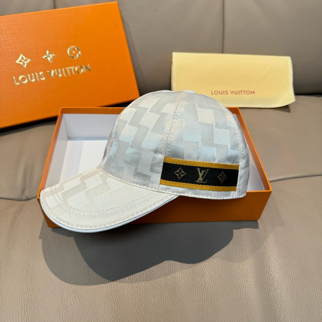 Louis Vuitton cap in light gray-blue checker pattern, adjustable black/gold logo band