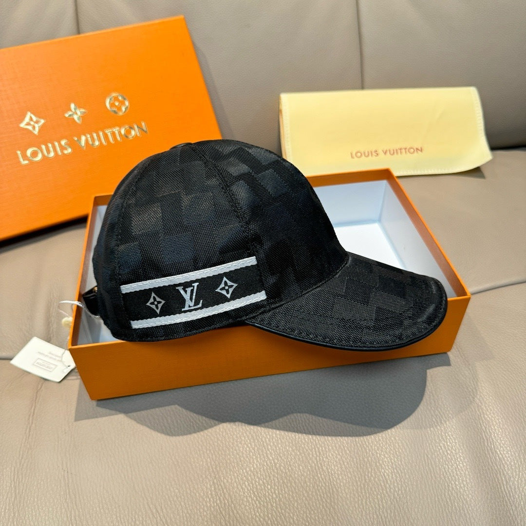 Louis Vuitton black baseball cap with white logo band on curved brim