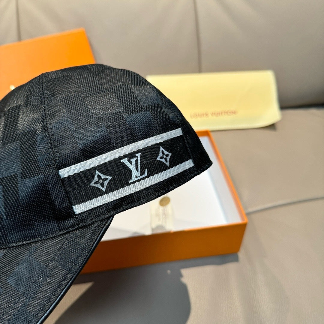 Louis Vuitton black patterned baseball cap with white logo band and side panel