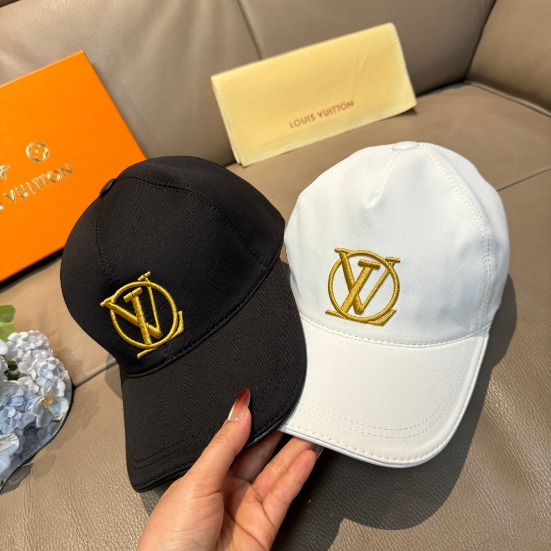 Pair of caps: black and white baseball caps with gold LV monogram emblems