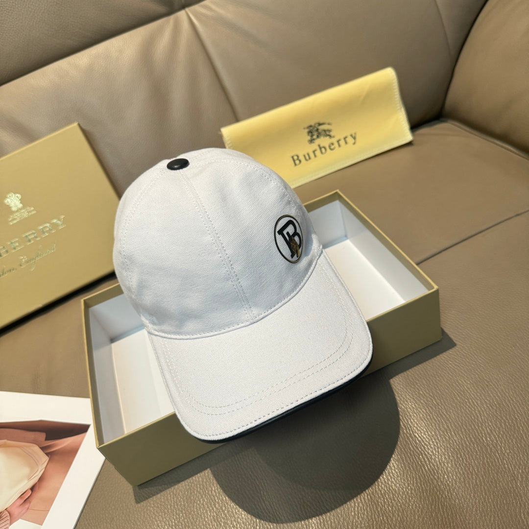 Light blue baseball cap with curved brim and front logo patch, angled view