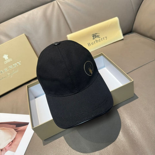 Black Burberry baseball cap, side view with round logo badge near the brim.