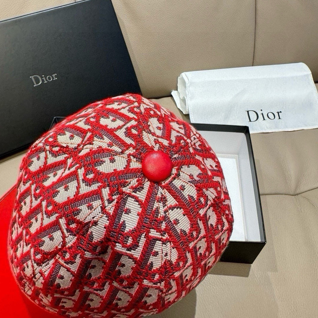 Dior monogram cap with red crown and matching red round top button