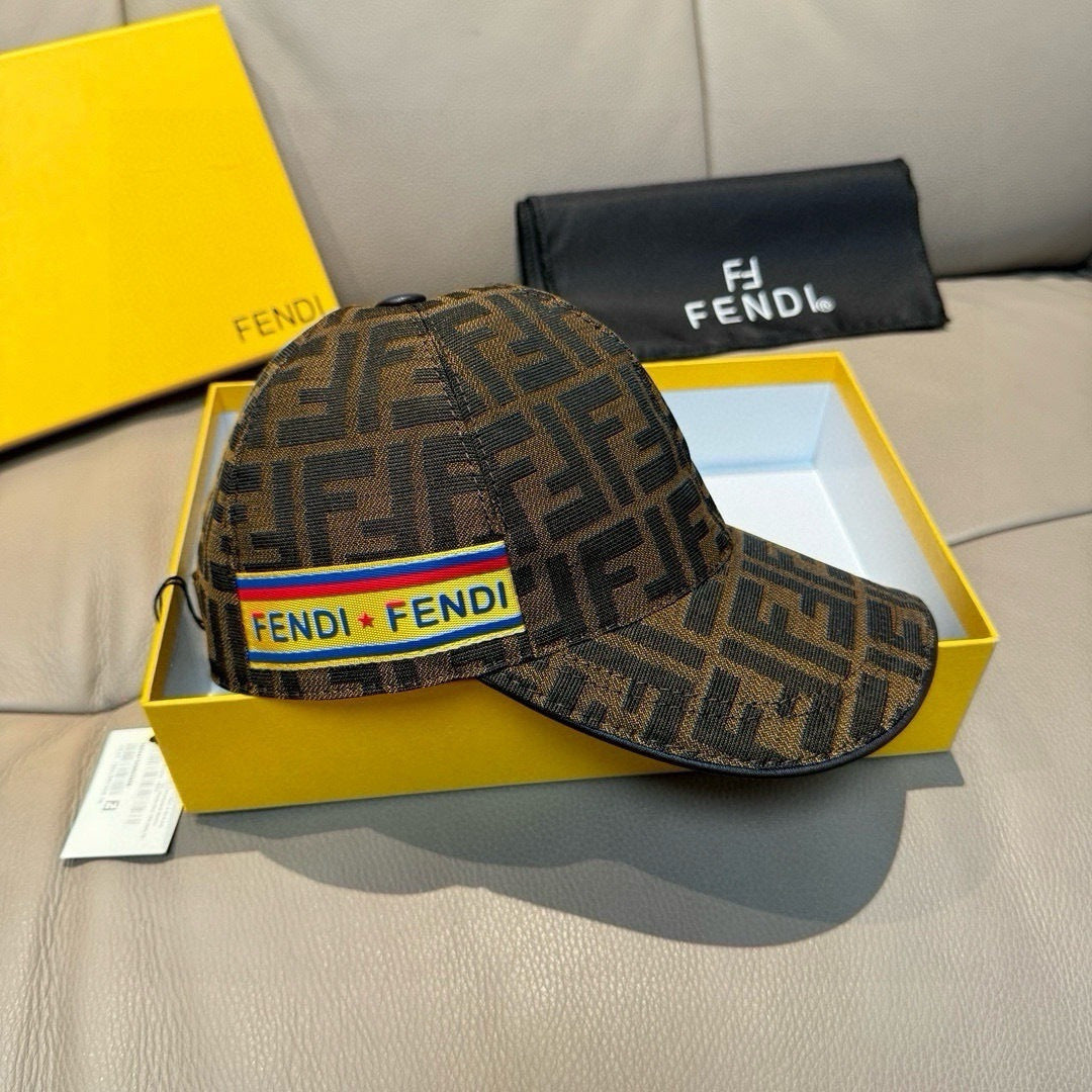 Set of two patterned baseball caps with multicolor Fendi logo band, curved brim