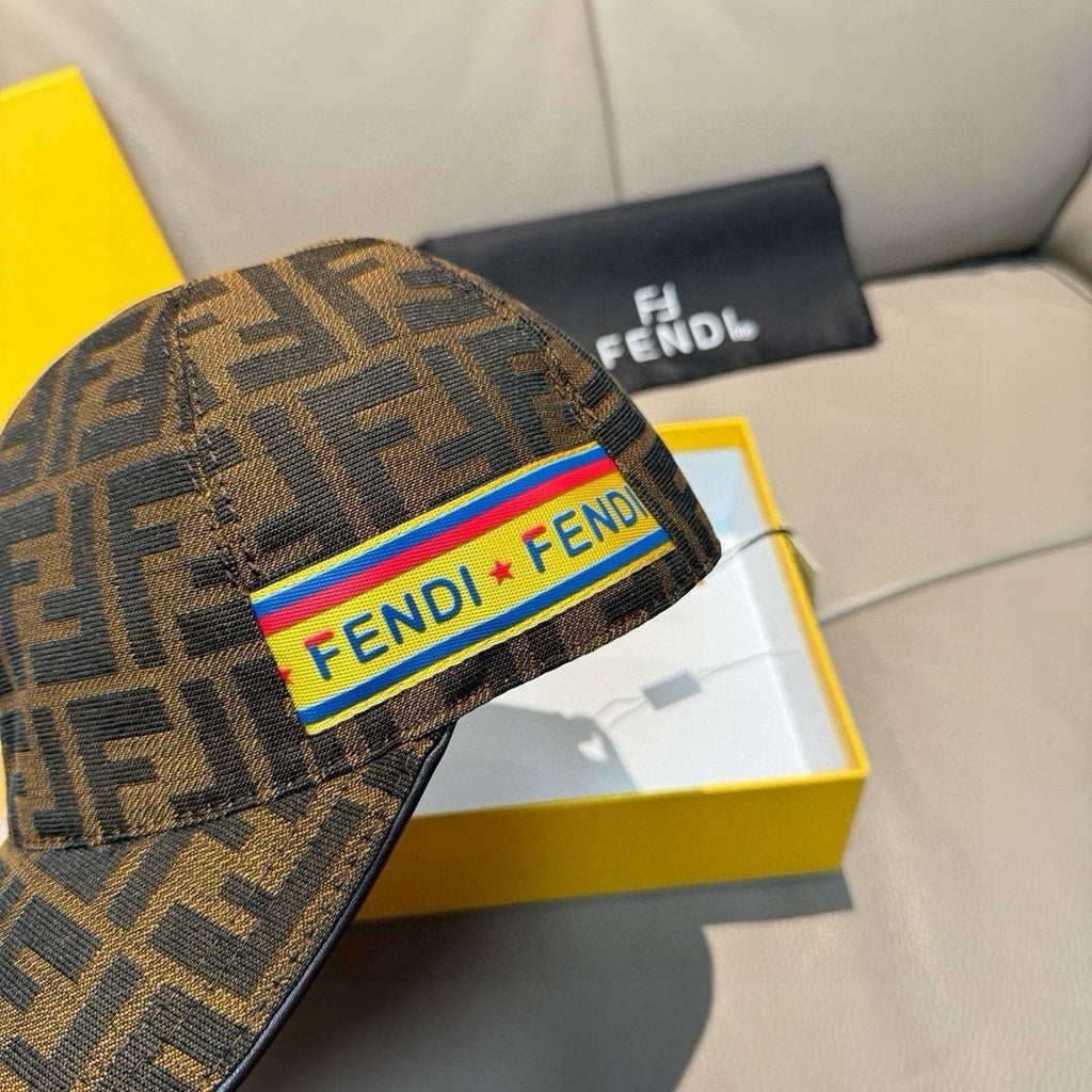 Patterned baseball cap front with multicolor Fendi logo band and brim