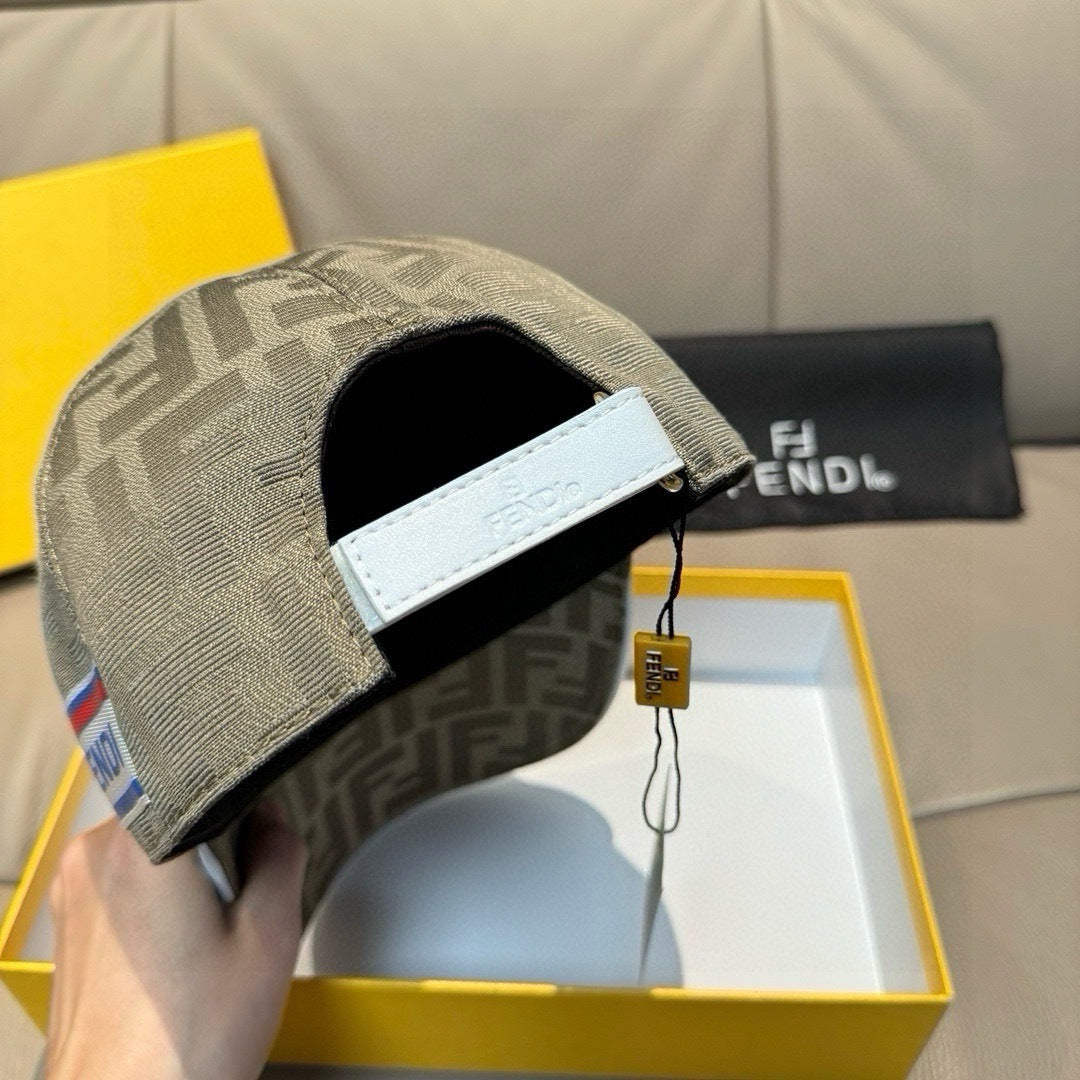 Fendi cap interior in beige FF canvas with black lining and white leather strap detail.