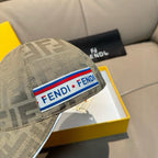 Fendi cap in beige and gray FF logo canvas, side view with multicolor logo band.